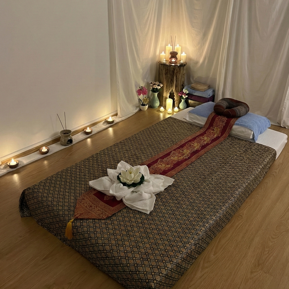 Natürliche Massageöle und thailändische Dekoration auf der Insel der Ruhe in Budapest