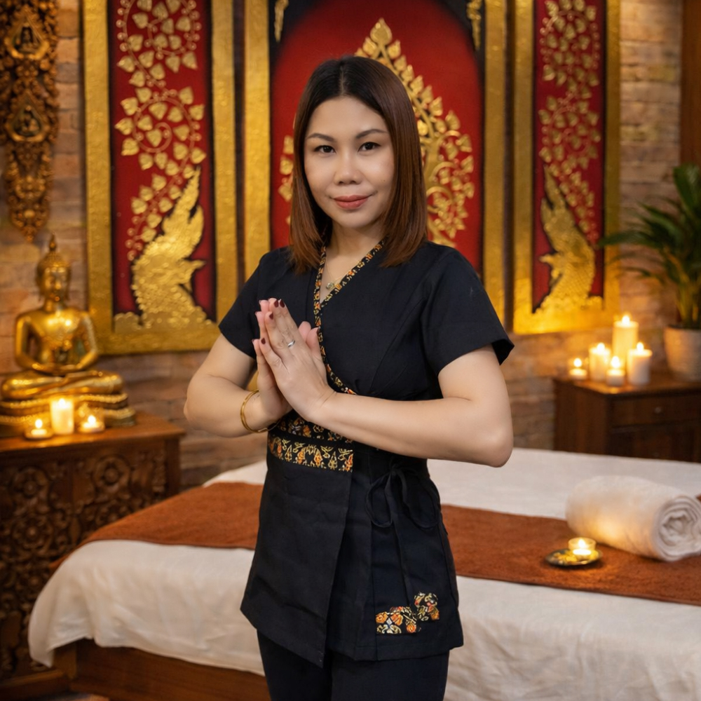 Qualifizierte thailändische Masseurin in traditioneller Kleidung vom Angel Thai Massage Team